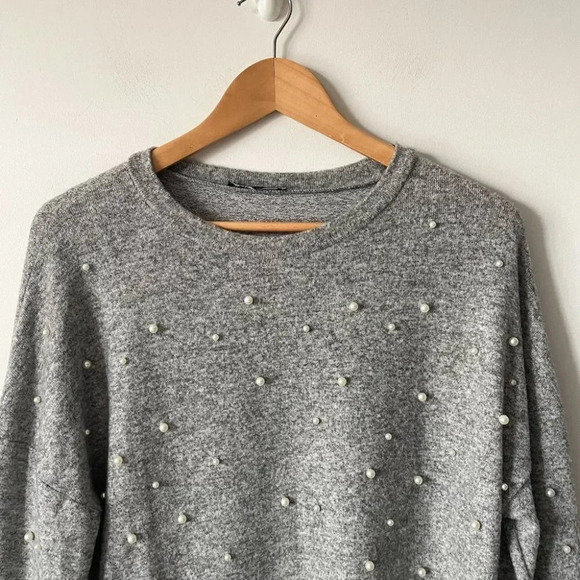 Zara GREY Pearl Raw Edge Drop Shoulder Pullover Sweater Heather  Grey Size Small - Picture 5 of 8